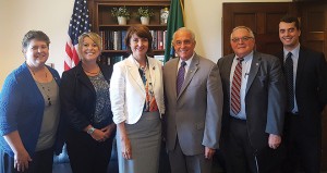 Rep. Cathy McMorris Rodgers (R-Wash.) is one of the legislators helping to move the appropriations request through the process that the WAWG team met with. From left are WAWG Vice President Marci Green; WAWG Executive Director Michelle Hennings; McMorris Rodgers; Derek Sandison, director of the Washington State Department of Agriculture; Jim Moyer, associate dean of research in WSU’s College of Agricultural, Human, and Natural Resource Sciences; and Andrew Annis, policy and affairs coordinator at WSU's Office of Federal Relations.