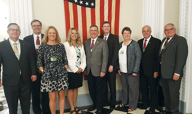 Members of the Washington group were able to meet with Ray Starling, special assistant to the president for agriculture, trade and food assistance, at the White House. They were joined by representatives from Washington State University (WSU) and U.S. Wheat Associates (USW). Pictured from left are Steve Mercer, USW vice president of communications; Chris Keane, vice president for research at WSU; Colleen Kerr, vice president for government relations and external affairs at WSU; Michelle Hennings, Washington Association of Wheat Growers (WAWG) executive director; Kirk Schulz, WSU president; Starling; Marci Green, WAWG vice president; Derek Sandison, director of the Washington State Department of Agriculture; and Jim Moyer, associate dean of research in WSU’s College of Agricultural, Human, and Natural Resource Sciences.