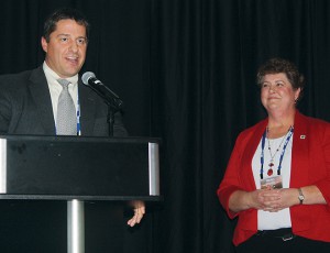 Kevin Klein accepts the Washington Association of Wheat Growers’ (WAWG) member of the year award from WAWG President Marci Green during the Washington awards banquet, held during the 2017 Tri-State Grain Growers convention. Klein served as WAWG president from 2015/16.